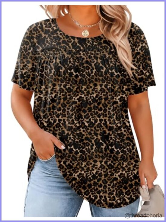 Tops - Plus Size Chiffon Tunic Top Short Sleeve Pleated Loose Fit Blouse